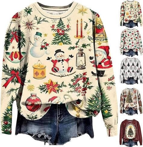 Christmas Sweatshirts for Women 2025 Funny Ugly Christmas Sweater Graphic Printed Xmas Sweatshirts Long Sleeve Shirts in Saudi Arabia