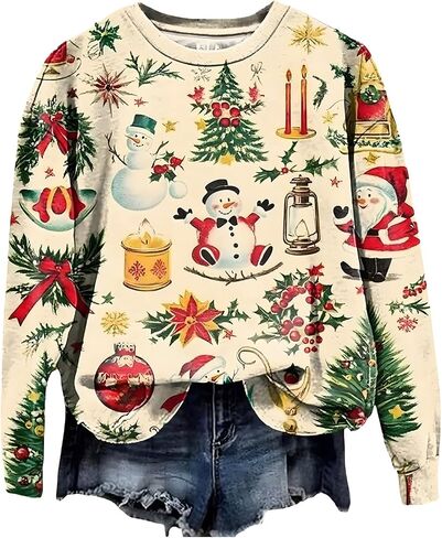 Christmas Sweatshirts for Women 2025 Funny Ugly Christmas Sweater Graphic Printed Xmas Sweatshirts Long Sleeve Shirts in Saudi Arabia