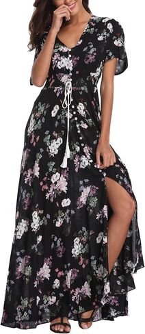 فساتين نسائية طويلة من VintageClothing بنقشة الزهور بوهو بأزرار للصيف، فستان طويل غير رسمي لحفلات الشاطئ in Kuwait