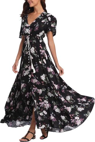 فساتين نسائية طويلة من VintageClothing بنقشة الزهور بوهو بأزرار للصيف، فستان طويل غير رسمي لحفلات الشاطئ in Kuwait