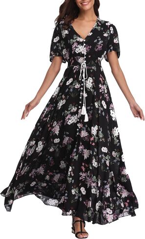 فساتين نسائية طويلة من VintageClothing بنقشة الزهور بوهو بأزرار للصيف، فستان طويل غير رسمي لحفلات الشاطئ in Kuwait