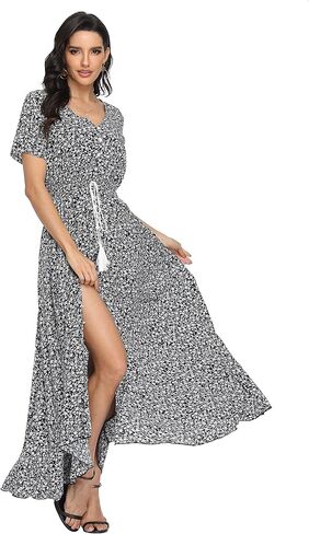 فساتين نسائية طويلة من VintageClothing بنقشة الزهور بوهو بأزرار للصيف، فستان طويل غير رسمي لحفلات الشاطئ in Kuwait