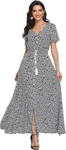 فساتين نسائية طويلة من VintageClothing بنقشة الزهور بوهو بأزرار للصيف، فستان طويل غير رسمي لحفلات الشاطئ in Kuwait