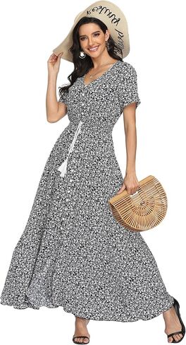 فساتين نسائية طويلة من VintageClothing بنقشة الزهور بوهو بأزرار للصيف، فستان طويل غير رسمي لحفلات الشاطئ in Kuwait
