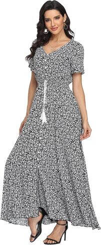 فساتين نسائية طويلة من VintageClothing بنقشة الزهور بوهو بأزرار للصيف، فستان طويل غير رسمي لحفلات الشاطئ in Kuwait