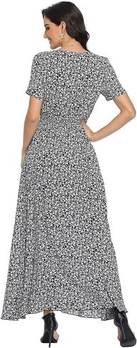 فساتين نسائية طويلة من VintageClothing بنقشة الزهور بوهو بأزرار للصيف، فستان طويل غير رسمي لحفلات الشاطئ in Kuwait