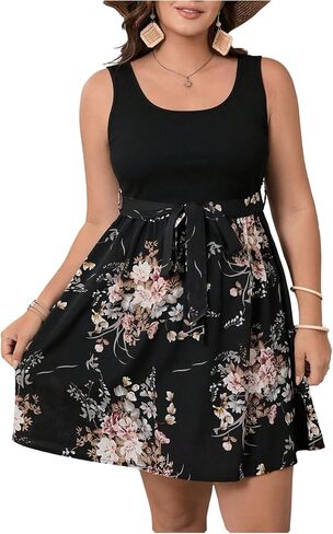SOLY HUX Women's Plus Size Floral Tank Dress Sleeveless Square Neck A Line Flowy Belted Summer Short Dresses in Saudi Arabia