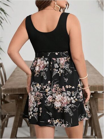 SOLY HUX Women's Plus Size Floral Tank Dress Sleeveless Square Neck A Line Flowy Belted Summer Short Dresses in Saudi Arabia