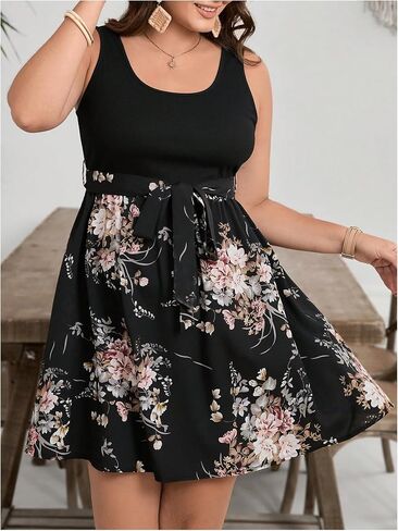 SOLY HUX Women's Plus Size Floral Tank Dress Sleeveless Square Neck A Line Flowy Belted Summer Short Dresses in Saudi Arabia