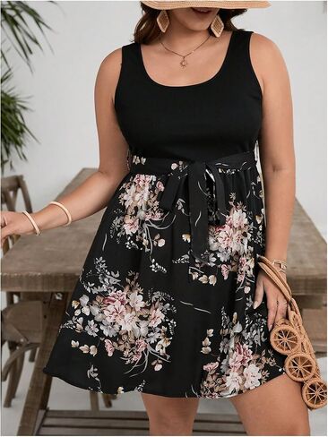 SOLY HUX Women's Plus Size Floral Tank Dress Sleeveless Square Neck A Line Flowy Belted Summer Short Dresses in Saudi Arabia