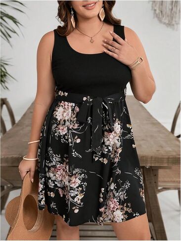 SOLY HUX Women's Plus Size Floral Tank Dress Sleeveless Square Neck A Line Flowy Belted Summer Short Dresses in Saudi Arabia