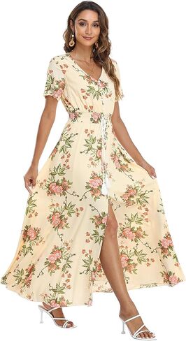 فساتين نسائية طويلة من VintageClothing بنقشة الزهور بوهو بأزرار للصيف، فستان طويل غير رسمي لحفلات الشاطئ in Kuwait