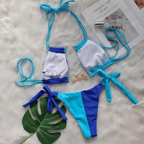 ملابس السباحة النسائية بيكيني مكونة من قطعتين، ملابس سباحة مثيرة بأحجار الراين الكريستالية اللامعة، مثلثة، ملابس سباحة بخيط in Kuwait