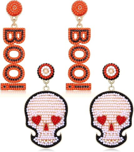 2 Pairs Halloween Earrings for Women Spooky Pumpkin Skull Beaded Drop Earrings Handmade BOO Trick Treat Gothic Earrings Halloween Costume Party Jewelry in Saudi Arabia