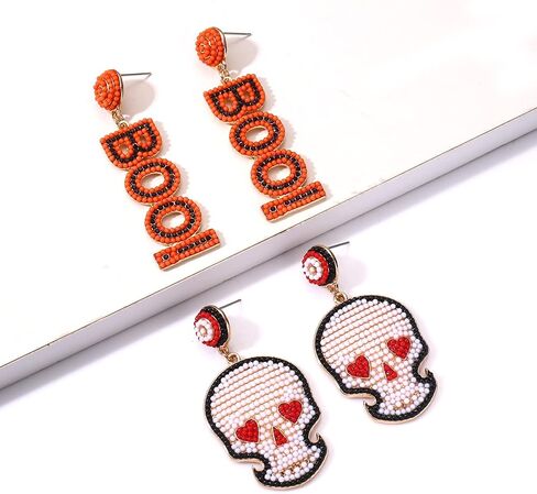 2 Pairs Halloween Earrings for Women Spooky Pumpkin Skull Beaded Drop Earrings Handmade BOO Trick Treat Gothic Earrings Halloween Costume Party Jewelry in Saudi Arabia