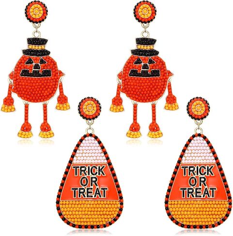 2 Pairs Halloween Earrings for Women Spooky Pumpkin Skull Beaded Drop Earrings Handmade BOO Trick Treat Gothic Earrings Halloween Costume Party Jewelry in Saudi Arabia
