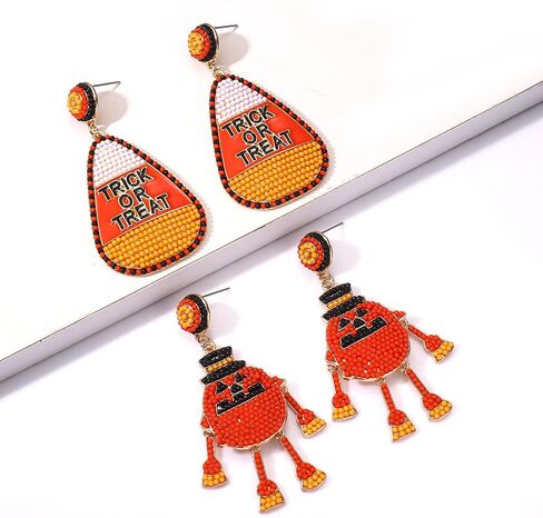 2 Pairs Halloween Earrings for Women Spooky Pumpkin Skull Beaded Drop Earrings Handmade BOO Trick Treat Gothic Earrings Halloween Costume Party Jewelry in Saudi Arabia