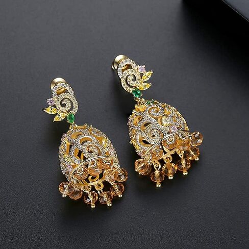14K الذهب الهندي شرابة كريستال انخفاض الأقراط للنساء، خمر قصر نمط جرس شكل الصناعة الثقيلة تتدلى الأقراط، أزياء عيد الميلاد مجوهرات هدية لها in Saudi Arabia