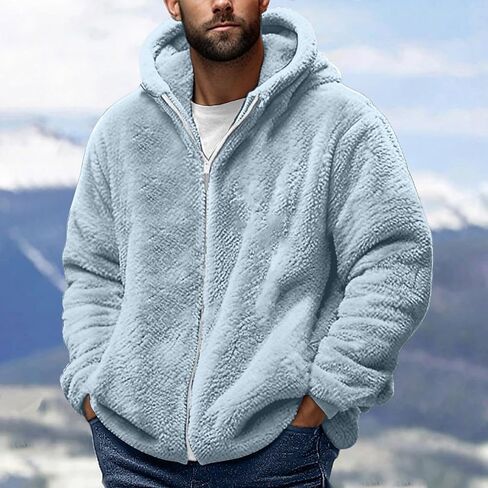 Mens Fuzzy Sherpa Jacket Winter Warm Casual Fleece Long Sleeve Full Zip Open Front Thermal Coat Cardigan Outwear in Saudi Arabia