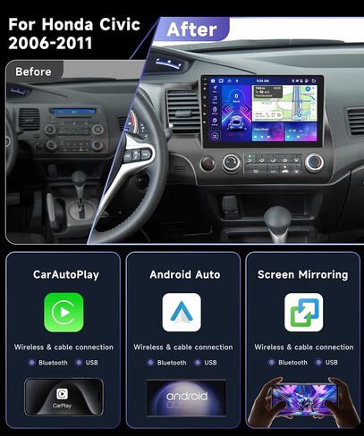 4G 64G Car Stereo for Honda Civic 2006-2011 Radio with 10.1inch 1280x720 IPS Touch Screen AI Radio DSP 36EQ Wireless Carplay Android Auto Bluetooth 5.0 GPS FM/RDS WiFi MirrorLink AHD Backup Camera in Saudi Arabia