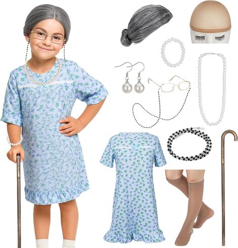 MY-LADY Old Lady Costume 10PCS Set Grandma Costume Granny Outfit Nightgown Wig 100 Days of School Halloween Cosplay in Saudi Arabia