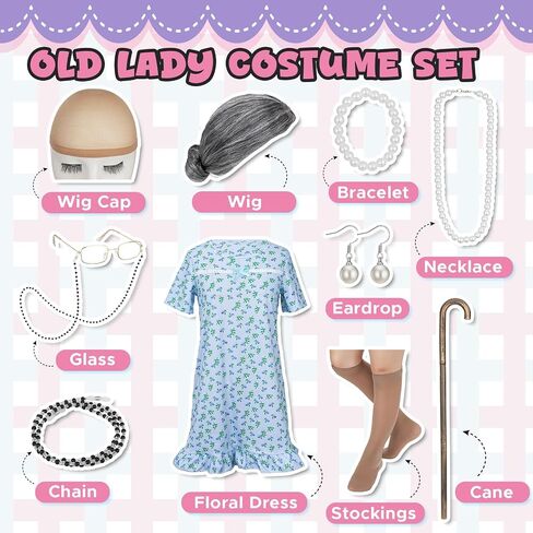 MY-LADY Old Lady Costume 10PCS Set Grandma Costume Granny Outfit Nightgown Wig 100 Days of School Halloween Cosplay in Saudi Arabia