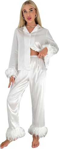 WDIRARA Women's 2 Piece Satin Sleepwear Fuzzy Trim Long Sleeve Button Down Shirt and Pants Pajama Set in Saudi Arabia