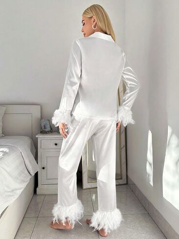 WDIRARA Women's 2 Piece Satin Sleepwear Fuzzy Trim Long Sleeve Button Down Shirt and Pants Pajama Set in Saudi Arabia