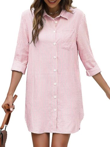 Women's Button Down Shirt Dress with Pockets Striped Long Sleeve Tunic Shirt Dress Collared Blouse Dresses in Saudi Arabia