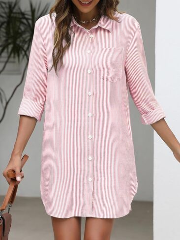 Women's Button Down Shirt Dress with Pockets Striped Long Sleeve Tunic Shirt Dress Collared Blouse Dresses in Saudi Arabia