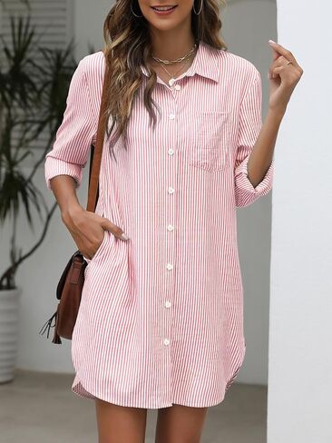 Women's Button Down Shirt Dress with Pockets Striped Long Sleeve Tunic Shirt Dress Collared Blouse Dresses in Saudi Arabia