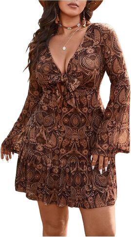 SHENHE Women's Plus Size Bell Sleeve Boho Paisley Dress V Neck Ruffle Hem Flowy Western Dress in Saudi Arabia