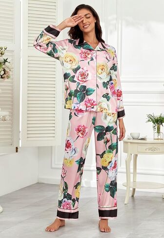 طقم بيجامة حريمي من Brosloth مطبوع عليه زهور من الساتان بأكمام طويلة وأزرار ملابس نوم ناعمة أطقم Pj لطيفة in Kuwait