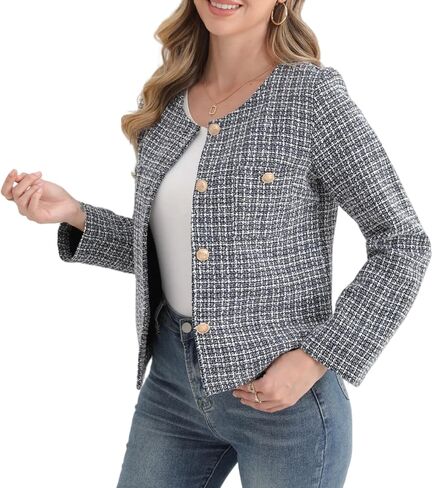 Women's Tweed Blazer, Long Sleeve Round Neck, Business Casual Coat in Saudi Arabia