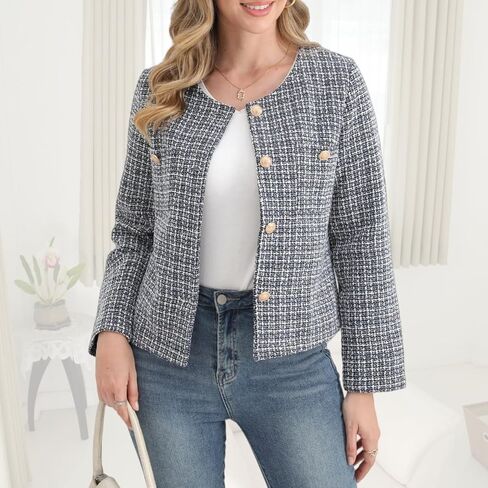 Women's Tweed Blazer, Long Sleeve Round Neck, Business Casual Coat in Saudi Arabia