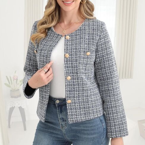 Women's Tweed Blazer, Long Sleeve Round Neck, Business Casual Coat in Saudi Arabia