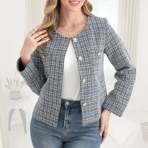 Women's Tweed Blazer, Long Sleeve Round Neck, Business Casual Coat in Saudi Arabia