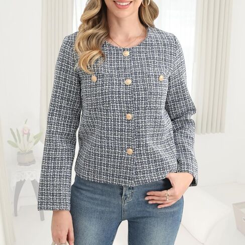 Women's Tweed Blazer, Long Sleeve Round Neck, Business Casual Coat in Saudi Arabia