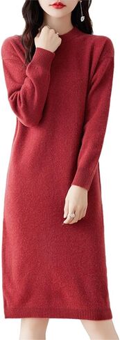 100% Merino Wool Sweater Dress Women's Mid-Length O-Neck Long Sleeve Pullover Crewneck Autumn Winter Knitted Dress in Saudi Arabia