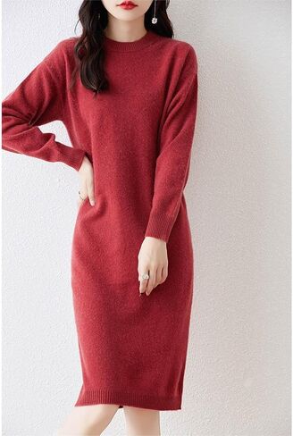 100% Merino Wool Sweater Dress Women's Mid-Length O-Neck Long Sleeve Pullover Crewneck Autumn Winter Knitted Dress in Saudi Arabia