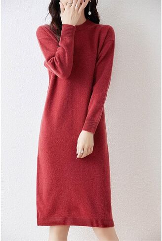 100% Merino Wool Sweater Dress Women's Mid-Length O-Neck Long Sleeve Pullover Crewneck Autumn Winter Knitted Dress in Saudi Arabia