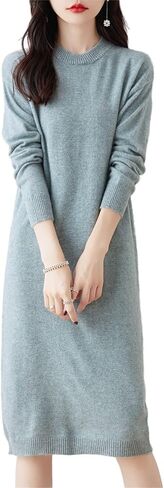 100% Merino Wool Sweater Dress Women's Mid-Length O-Neck Long Sleeve Pullover Crewneck Autumn Winter Knitted Dress in Saudi Arabia