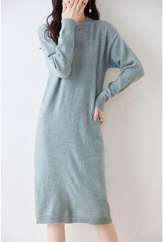 100% Merino Wool Sweater Dress Women's Mid-Length O-Neck Long Sleeve Pullover Crewneck Autumn Winter Knitted Dress in Saudi Arabia