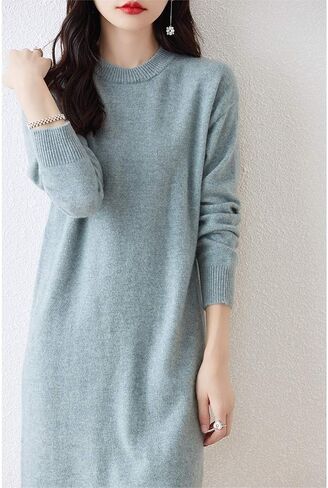 100% Merino Wool Sweater Dress Women's Mid-Length O-Neck Long Sleeve Pullover Crewneck Autumn Winter Knitted Dress in Saudi Arabia