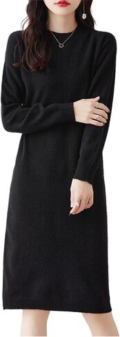 100% Merino Wool Sweater Dress Women's Mid-Length O-Neck Long Sleeve Pullover Crewneck Autumn Winter Knitted Dress in Saudi Arabia