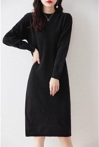 100% Merino Wool Sweater Dress Women's Mid-Length O-Neck Long Sleeve Pullover Crewneck Autumn Winter Knitted Dress in Saudi Arabia