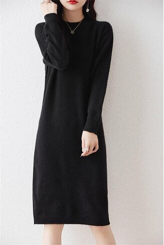 100% Merino Wool Sweater Dress Women's Mid-Length O-Neck Long Sleeve Pullover Crewneck Autumn Winter Knitted Dress in Saudi Arabia