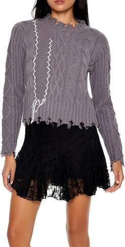 Forever 21 Women's Distressed Cable Knit Sweater in Saudi Arabia