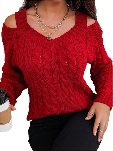 SHENHE Women's Cable Knit Sweater Casual Cold Shoulder V Neck Long Sleeve Knitted Pullover Tops in Saudi Arabia