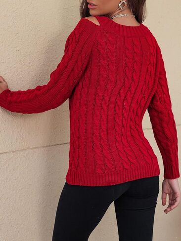 SHENHE Women's Cable Knit Sweater Casual Cold Shoulder V Neck Long Sleeve Knitted Pullover Tops in Saudi Arabia